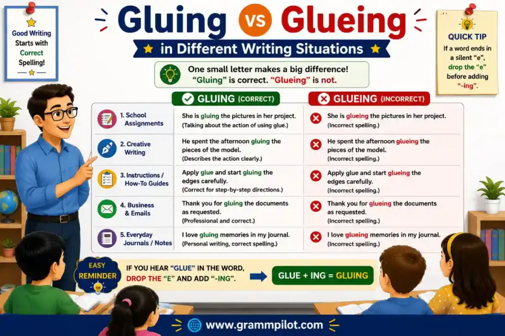 Gluing vs Glueing in Different Writing Situations
