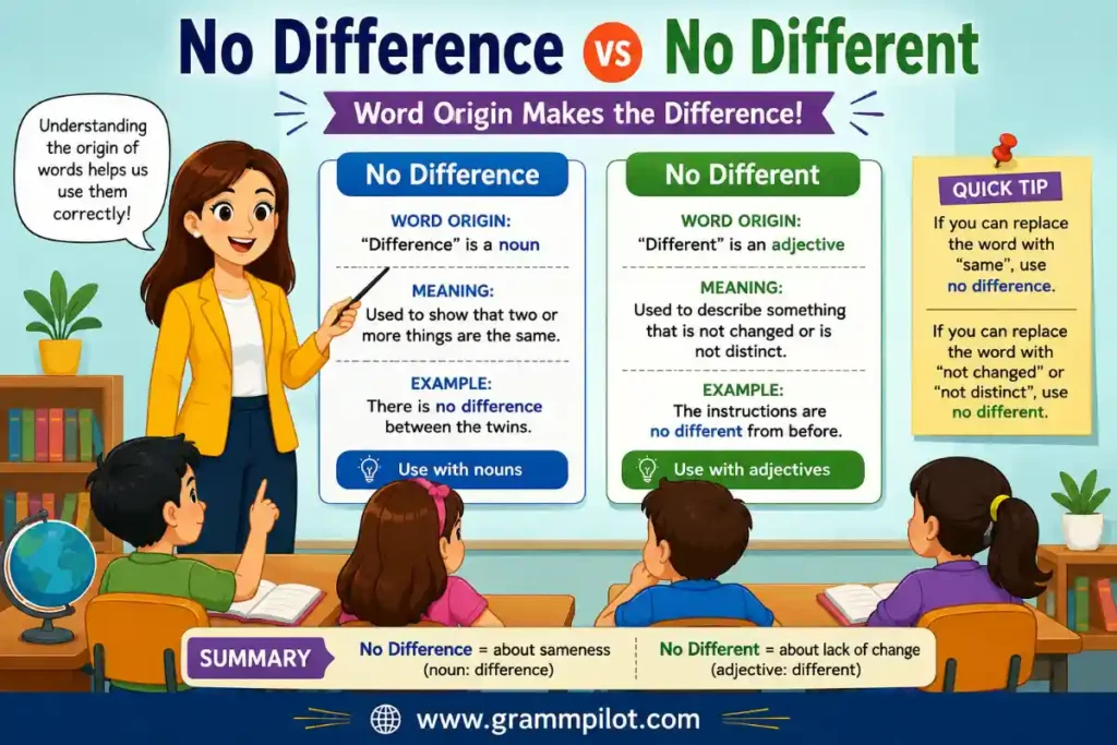 Word Origin of No Difference vs No Different