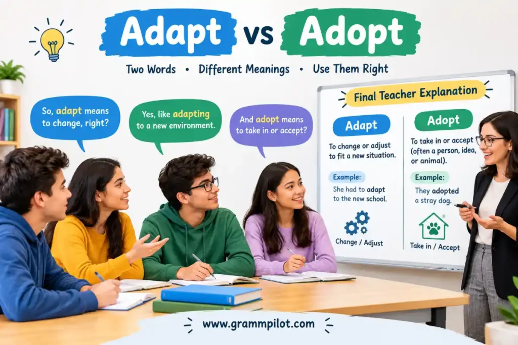 A final teacher explanation "Adapt vs Adopt"