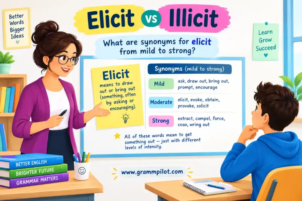 What are synonyms for elicit from mild to strong?