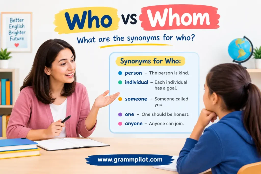 What are the synonyms for who?