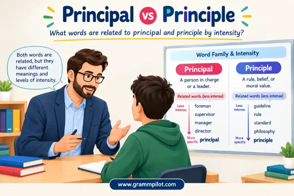 What words are related to principal and principle by intensity?