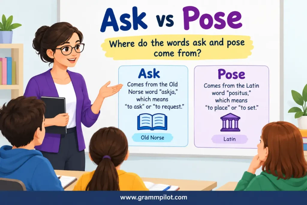 Where do the words ask and pose come from?