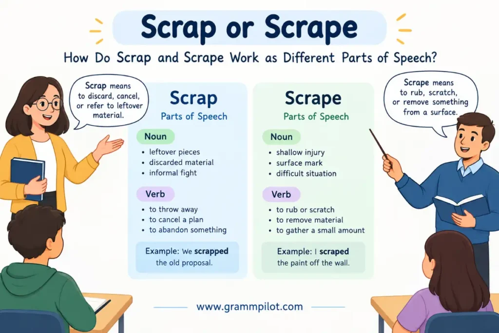 How Do Scrap and Scrape Work as Different Parts of Speech?